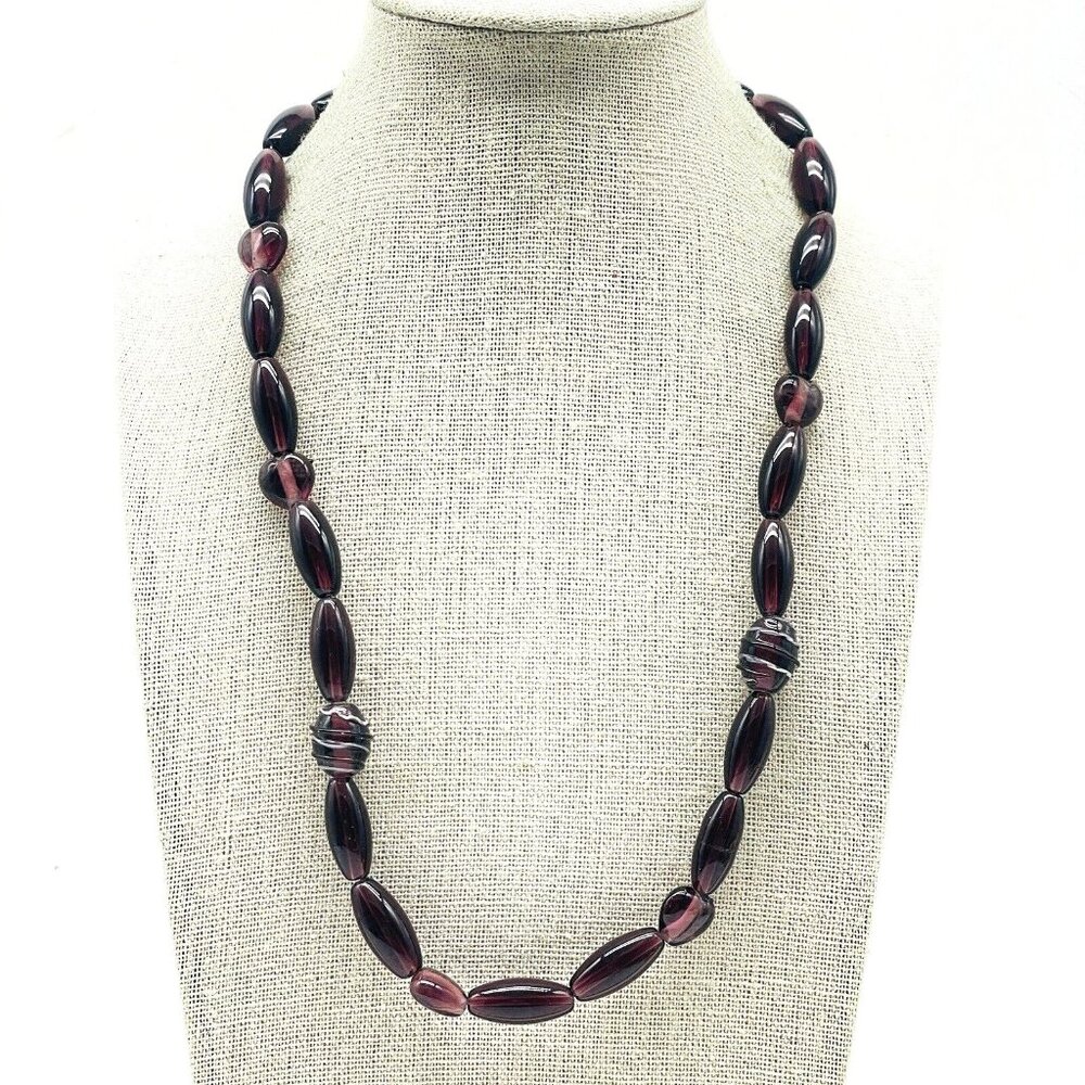 Purple Beaded Necklace Oval Beads Vintage Style Statement Layering